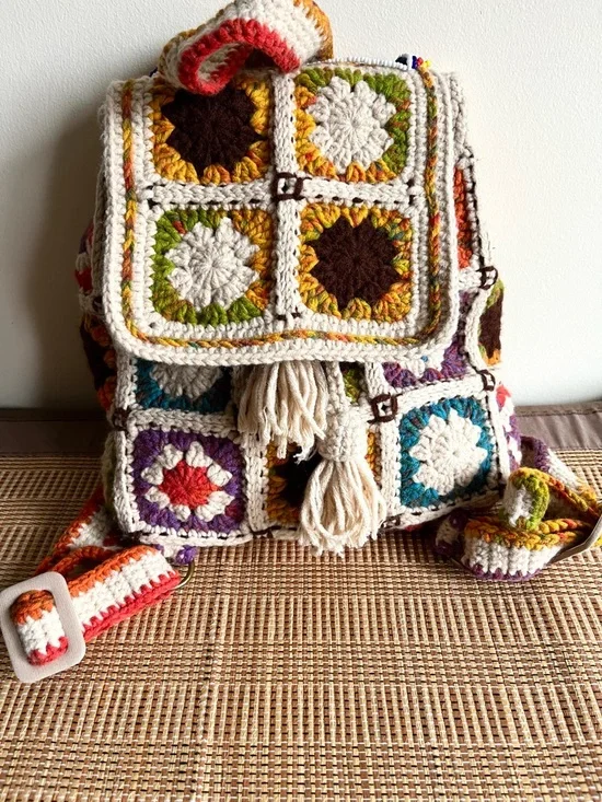 Handcrafted Cream Multicolor Crochet Backpack - Picture 4 of 8